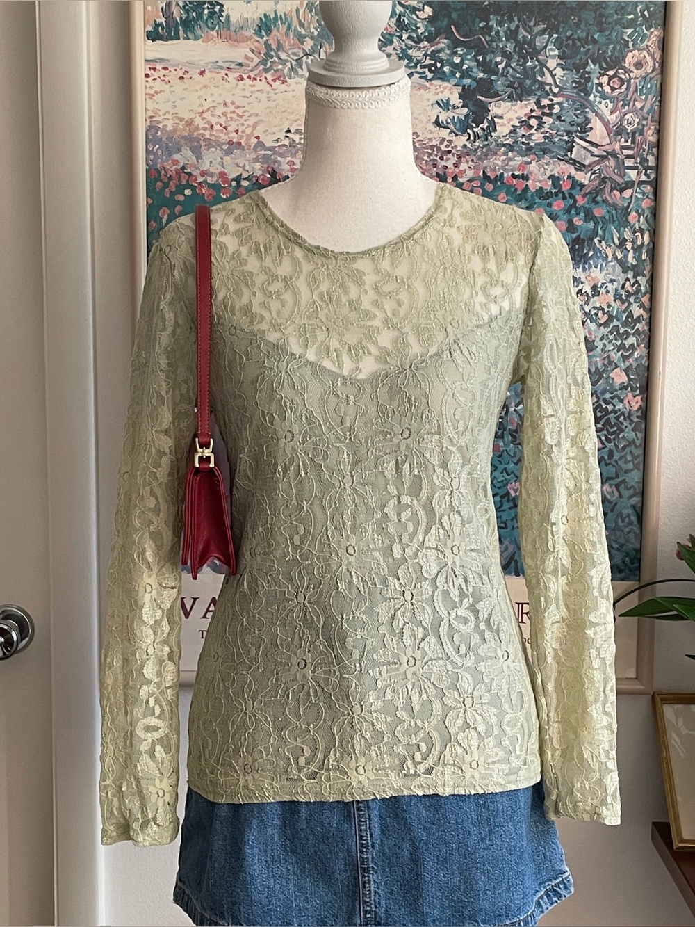 Vintage Y2K Fairycore Lace Top Womens XS Green Sheer Coquette Cottagecore